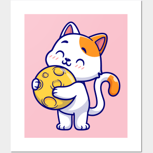 Cute Cat Holding Moon Cartoon Posters and Art